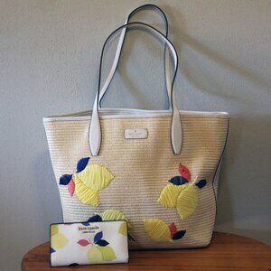 KATE SPADE Ash Straw Lemon Zest Multi Large Tote with Matching Wallet
